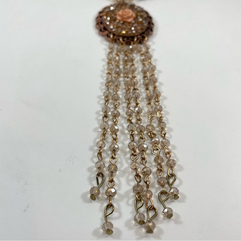 Stunning Vintage Gold Tone Blue White Crystal Glass Flower Tassel Necklace - Picture 6 of 8
